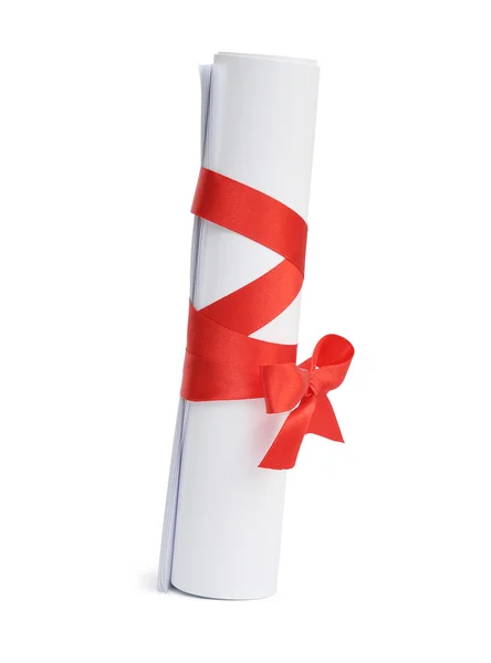 白い背景で隔離赤いリボンとディプロマ ドキュメント — ストック写真