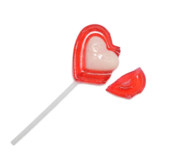 Rode Hartvormige Lollipop Geïsoleerd Witte Achtergrond — Stockfoto