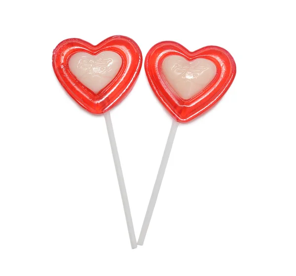 Rode Hartvormige Lollipop Geïsoleerd Witte Achtergrond — Stockfoto