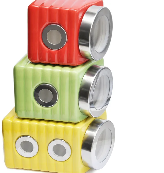 Um conjunto de armazenamento cerâmico artesanal e colorido para produtos soltos — Fotografia de Stock