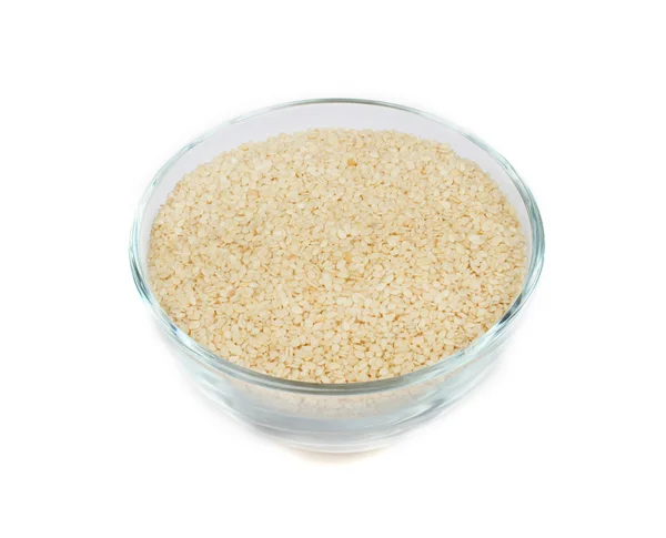 stock image Seeds of a sesame in a transparent plate on a white background