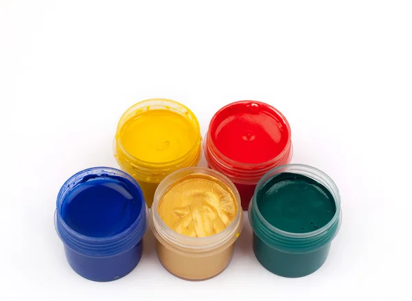 Open jars with gouache paints — Stock Photo, Image