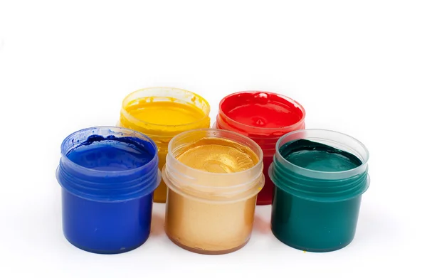Open jars with gouache paints — Stock Photo, Image
