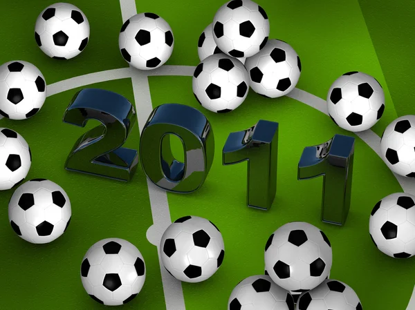 Muitas bolas de futebol com 2011 no centro — Fotografia de Stock