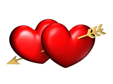 Two big red and chubby hearts with one golden arrow clipart