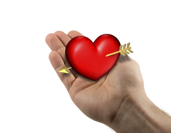 Mão Direita Homem Com Coração Vermelho Gordinho Fundo Branco — Fotografia de Stock