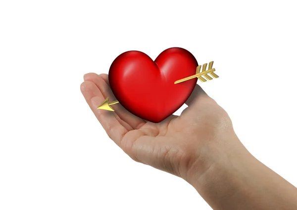 Mão Direita Mulher Com Coração Vermelho Gordinho Fundo Branco — Fotografia de Stock