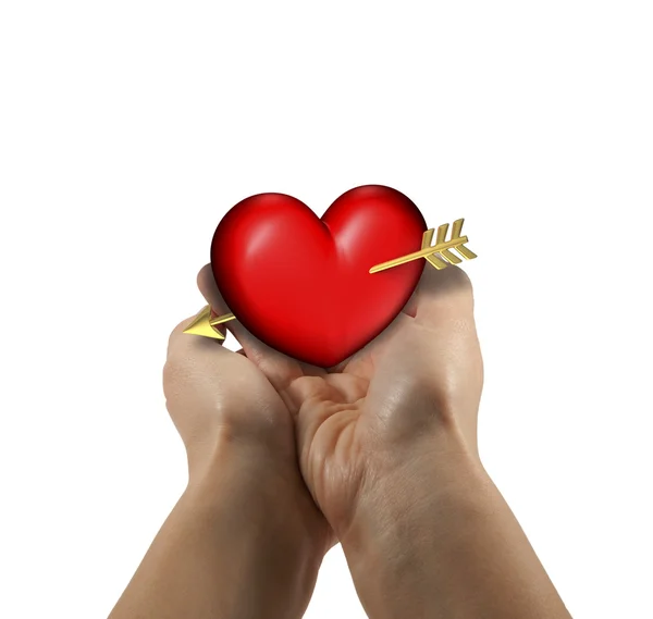 Duas Mãos Mulher Com Coração Vermelho Gordinho Fundo Branco — Fotografia de Stock