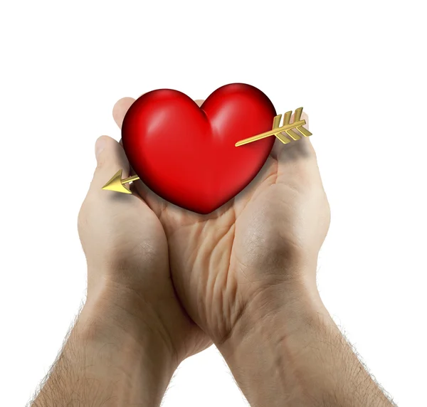Duas Mãos Homem Com Coração Vermelho Gordinho Fundo Branco — Fotografia de Stock