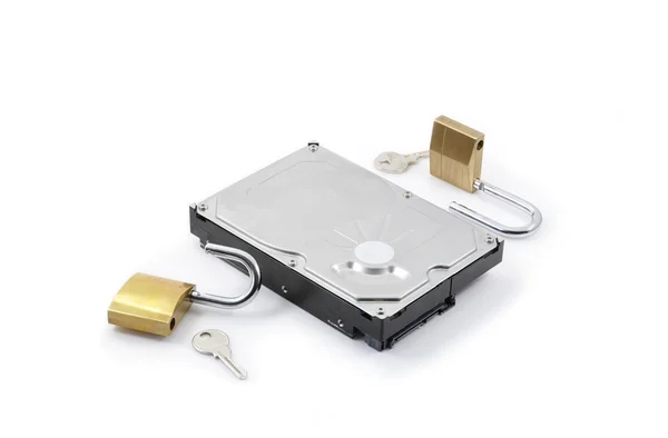 Hard Disk Protection Broken White Background Two Padlocks Opened Keys — Stock Photo, Image
