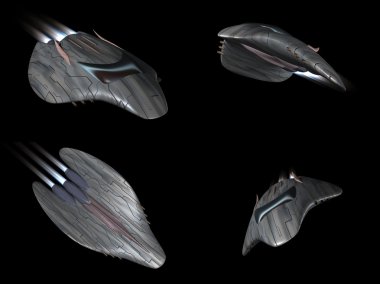 Four views of a powerful spaceship in action clipart