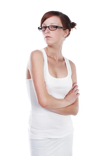 Estudante muito feminino usando óculos isolados no fundo branco — Fotografia de Stock