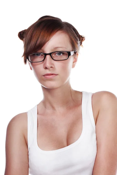 Ganska kvinnlig student glasögon isolerad på vit bakgrund Stockbild
