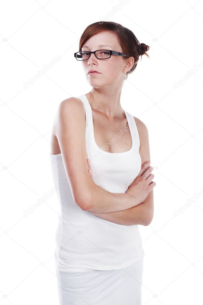 Pretty Female Student wearing glasses isolated on white background