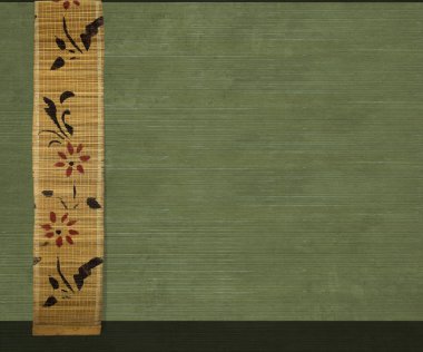 Flower bamboo banner on olive ribbed wood background clipart