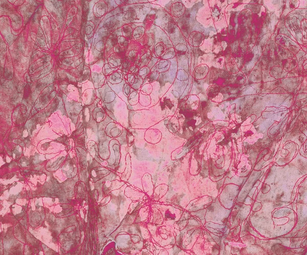 汚れた布アート抽象に刺繍のピンクの花 — ストック写真