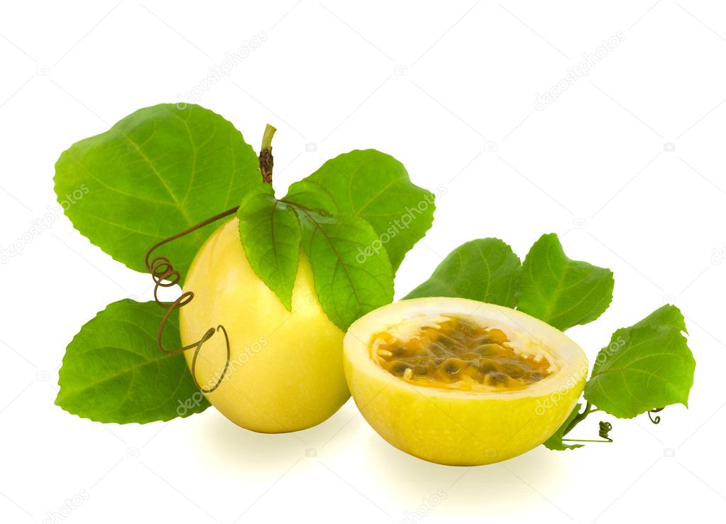 Cut and Complete Passion Fruit with Vine leaves and Coil Isolated