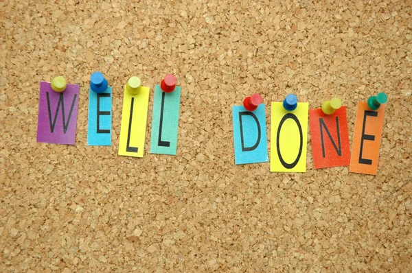 Word Well Done Placed Colourful Small Letters Cork Board — Stock Photo, Image