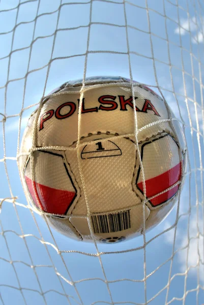 Гол Польский Футбольный Мяч Сетке — стоковое фото