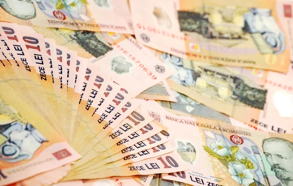 Detalhe close-up de banconotes romenos — Fotografia de Stock