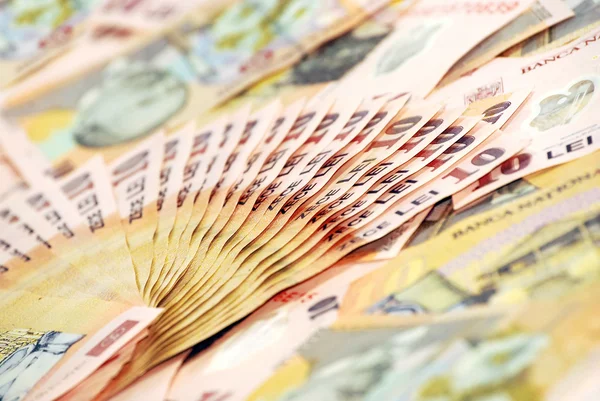 Detalhe close-up de banconotes romenos — Fotografia de Stock