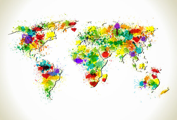 Paint splashes world map vector background