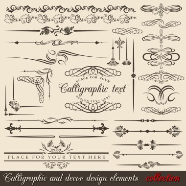 Kaligrafi ve dekor tasarım öğeleri. vektör tasarım köşeleri, barlar, kıvrımlar, çerçeveleri ve borders. el yazılı Retro tüy sembolleri.