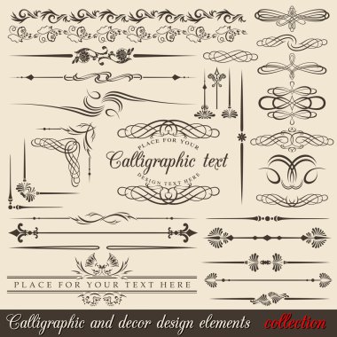 Calligraphic and decor design elements. Vector design corners, bars, swirls, frames and borders. Hand written retro feather symbols. clipart