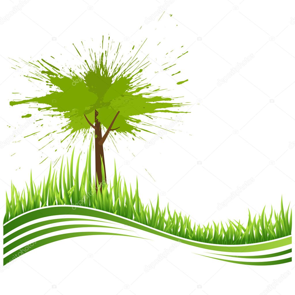 Green grass and tree. Eco background. Abstract green vector illustration with copyspase.