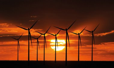 Wind turbine farm over sunset clipart