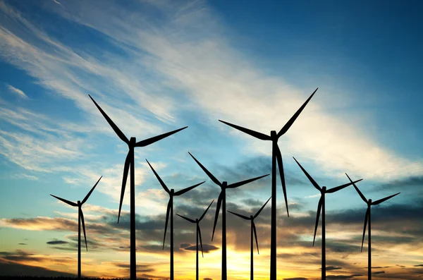 Farma turbin wiatrowych o zachodzie słońca — Zdjęcie stockowe