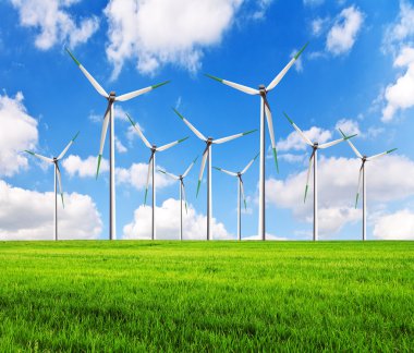 Alternative clean power wind turbines in field clipart