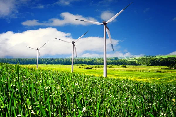 Fazenda de turbinas eólicas no verão — Fotografia de Stock