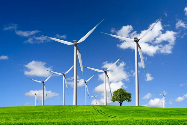 Turbiner vindkraftpark på gröna fält — Stockfoto