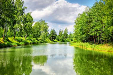 Summer landscape with river and blue sky clipart