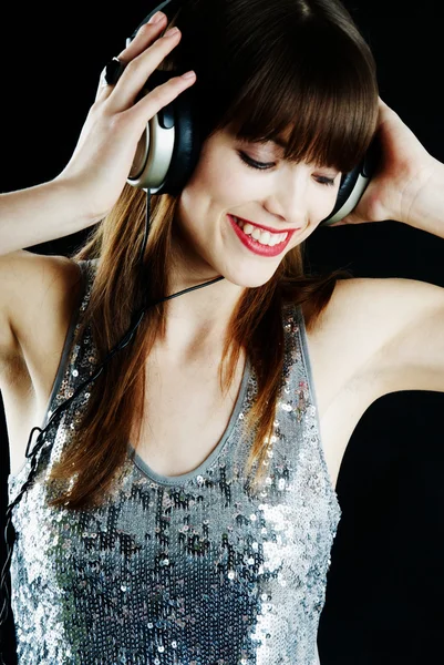 Cheerful woman with headphones — Stock Photo, Image