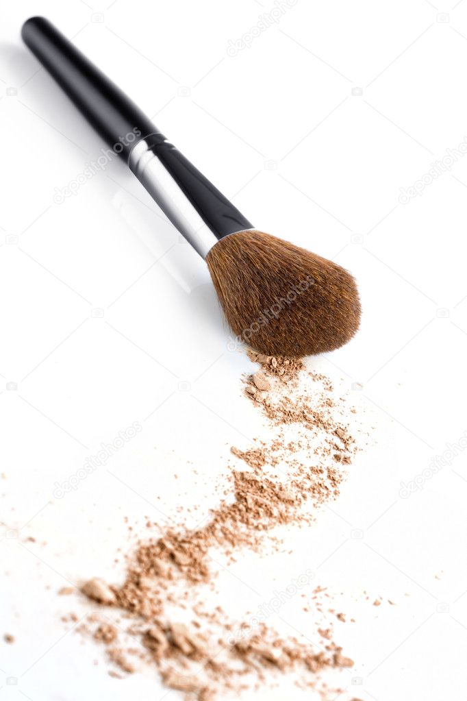 Close up view of face powder and brush on white back