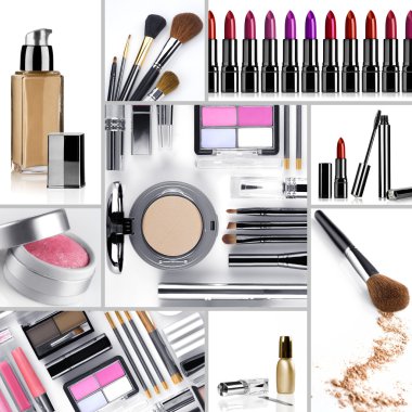 Close up view of cosmetic theme objects on white back clipart