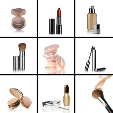 Close up view of cosmetic theme objects on white back clipart