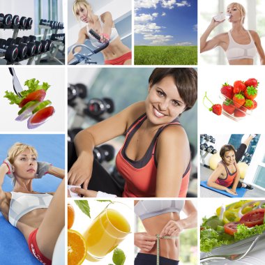 Healthy lifestyle theme collage composed of different images clipart