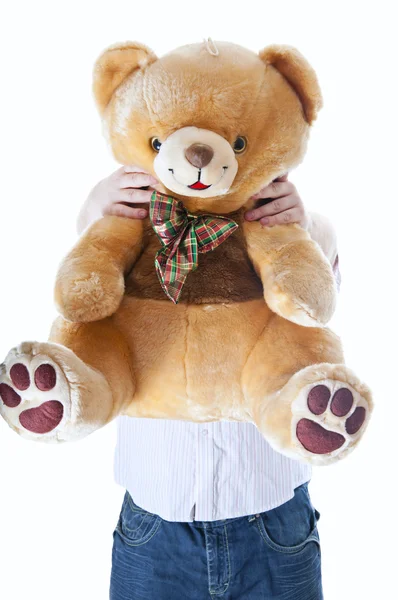 Man Big Teddy Bear White Background — Stock Photo, Image