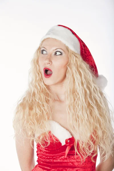 Sexy chica con el pelo rubio rizado vestido como Santa divertirse en Navidad —  Fotos de Stock