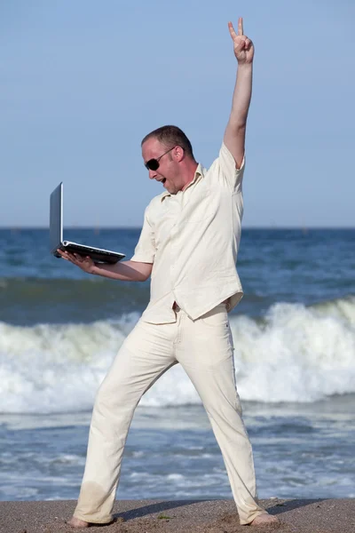 Young Businessman Beach His Laptop Happy Success — Stock Photo, Image