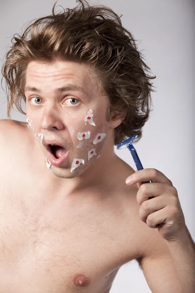 Young Topless Sexy Man Had Bad Luck While Shaving Razor — Stock Photo, Image