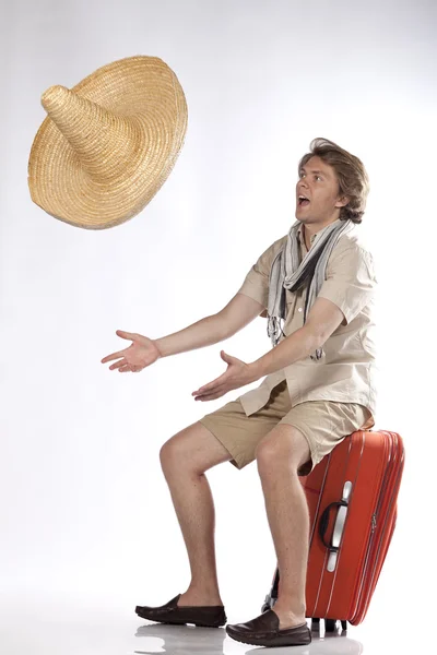 Jovem Mexicano Brincar Com Seu Sombrero Tentar Apanhá Ver Mais — Fotografia de Stock