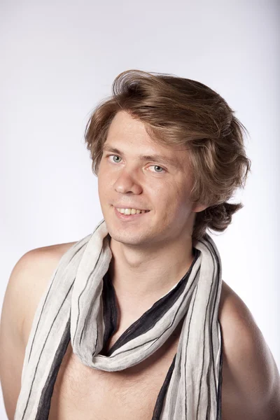 Cheerful Sexy Young Man Looking Camera Wearing Nothing Scarf See — Stock Fotó