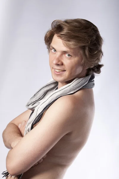 Portrait Young Confident Man Arms Crossed Wearing Nothing Scarf Looking — Stock Photo, Image