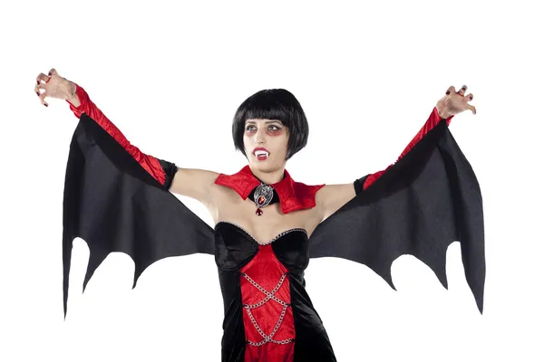 Vackra Vampyren Kvinna Med Händerna Och Vingar Luften Isolerade Ren — Stockfoto