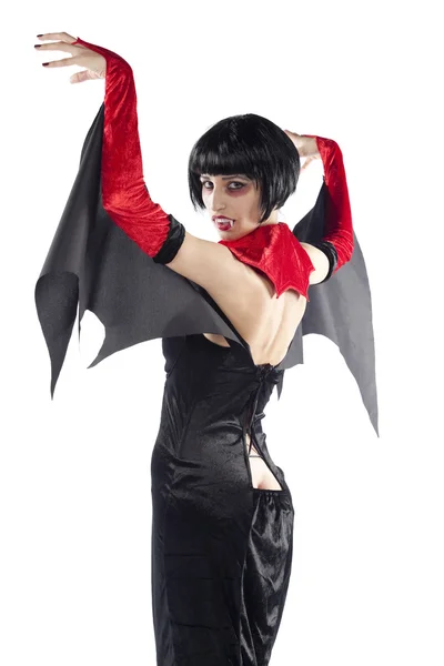 Vista Trasera Una Atractiva Mujer Vampiro Aislado Sobre Fondo Blanco — Foto de Stock