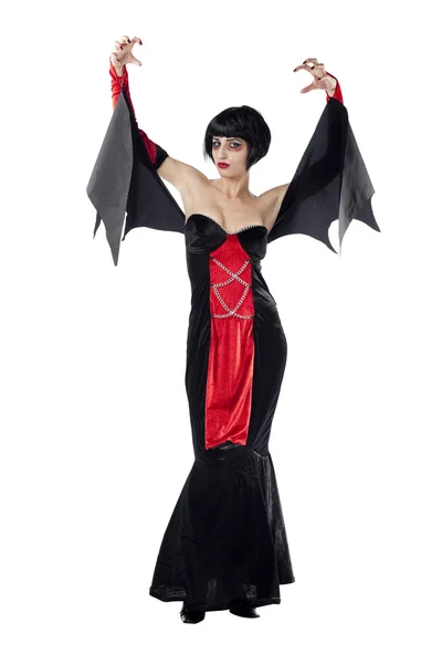 Modelo Feminino Moda Atraente Posando Traje Vampiro Isolado Fundo Branco — Fotografia de Stock